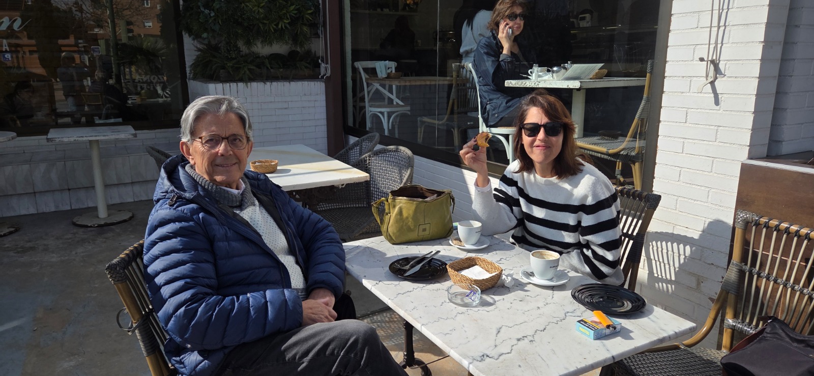 Coffee in the sun, Eladio and Suzy at Alverán on Monday