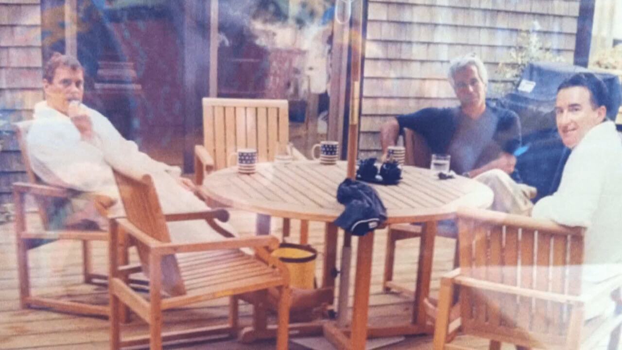 Three bad men, former Prince Andrew and Peter Mandelson in bathrobes with the paedophile Jeffrey Epstein
