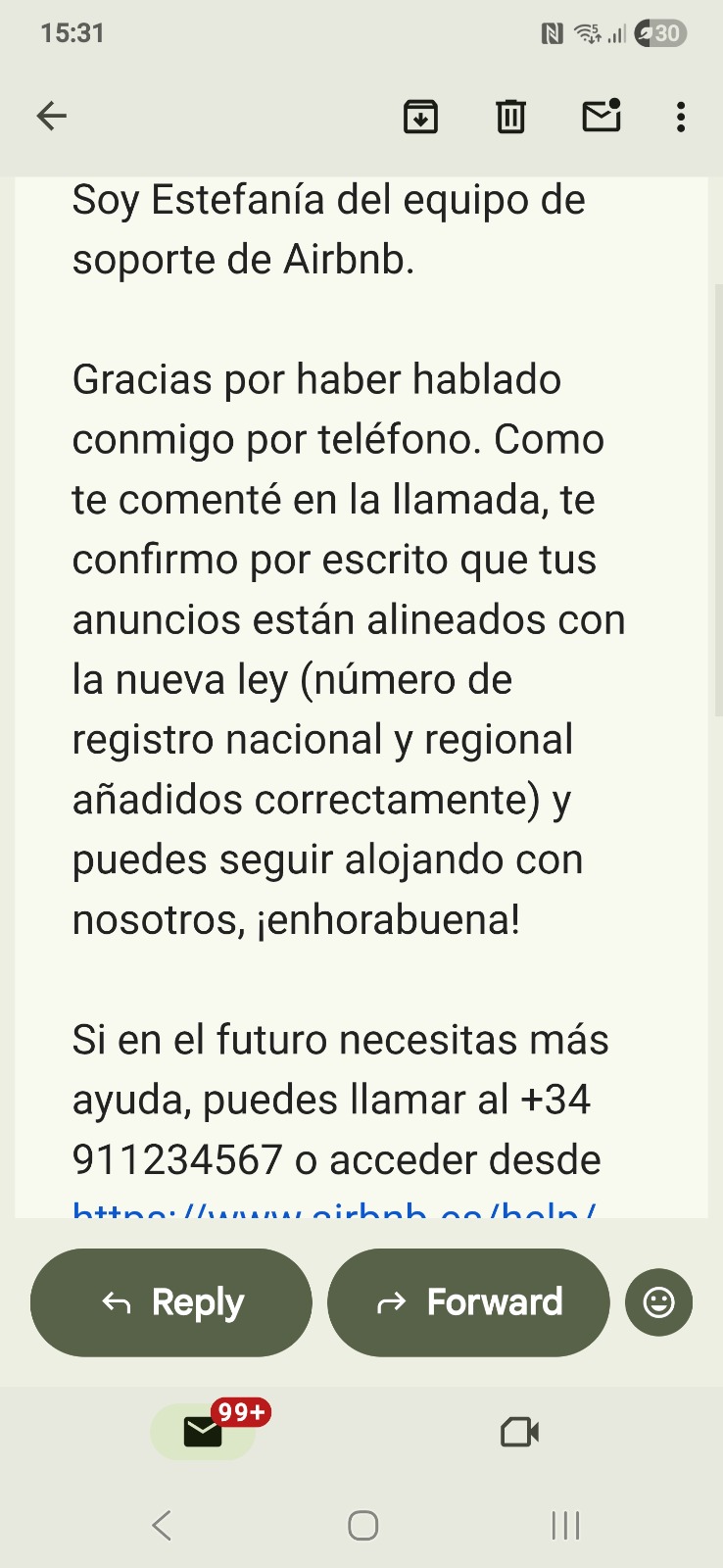 Positive confirmation from Airbnb